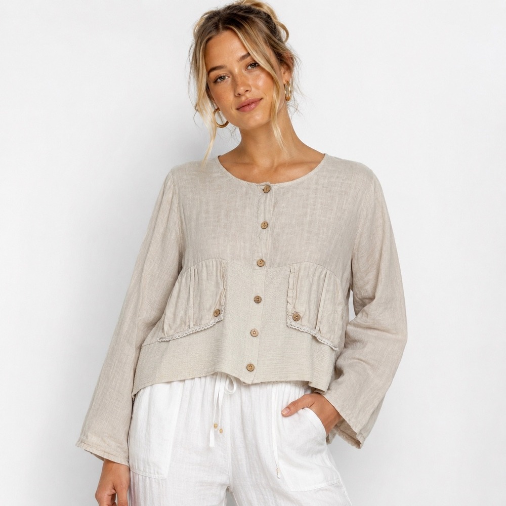 Saga Italy 100% Linen Button Front Boho Cottagecore Smocked Top Beige Medium